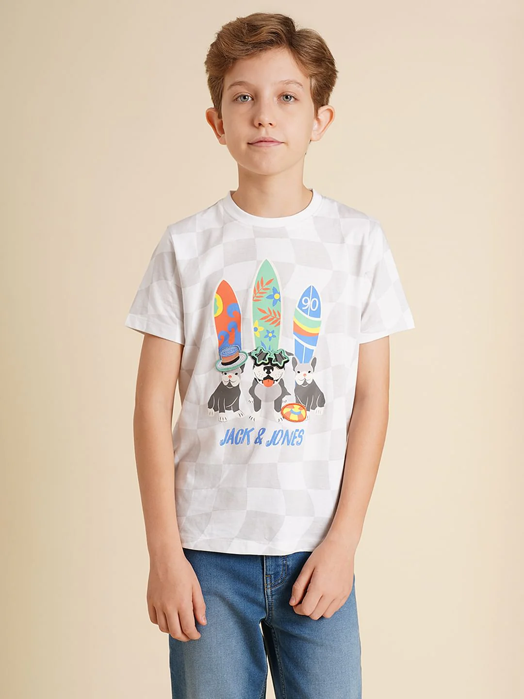 Boys White Interactive Check Print T-shirt - Image 2