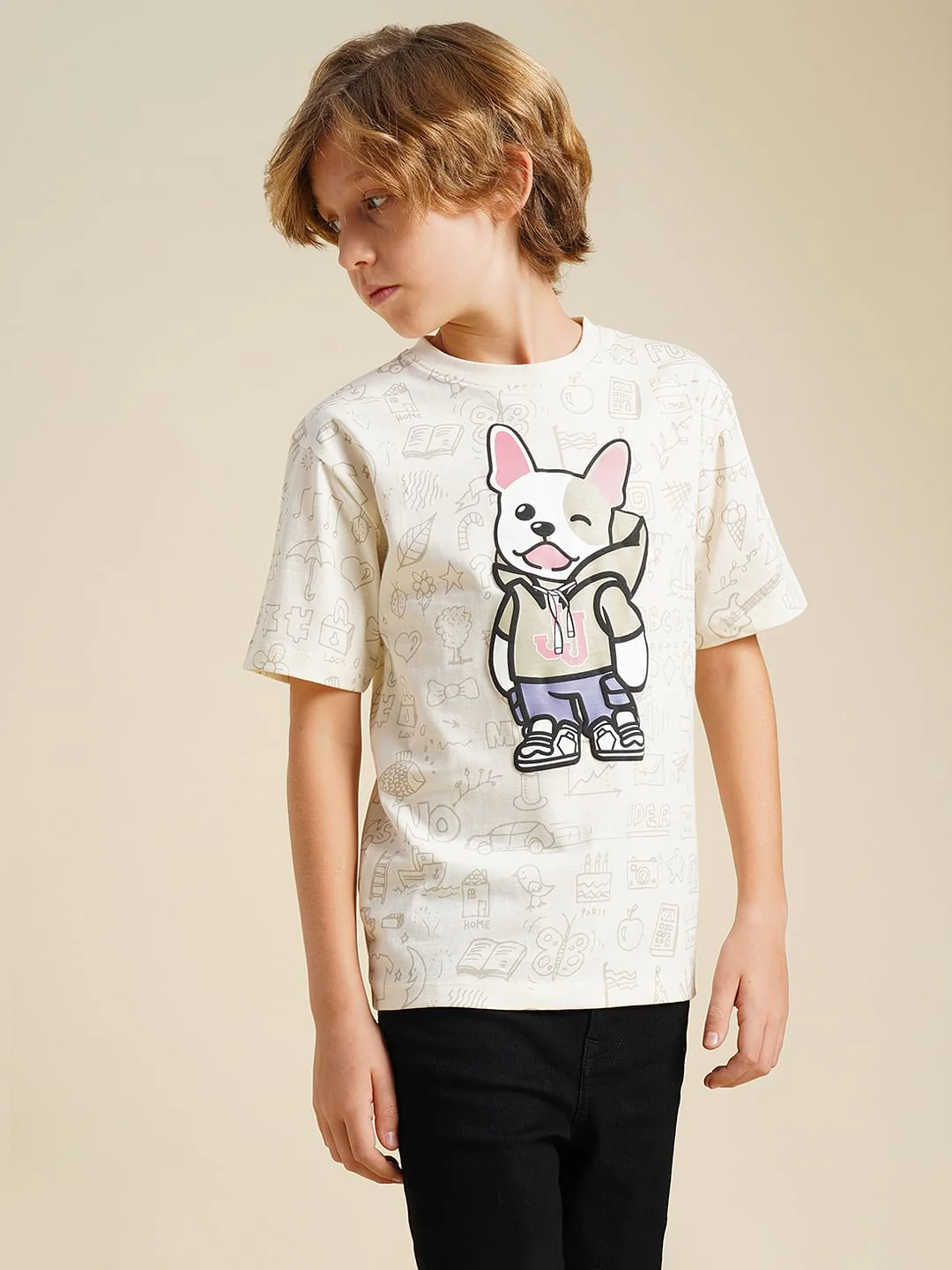 Boys Beige Printed Cotton T-shirt - Image 3