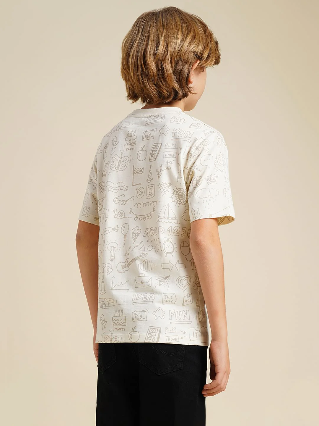 Boys Beige Printed Cotton T-shirt - Image 4