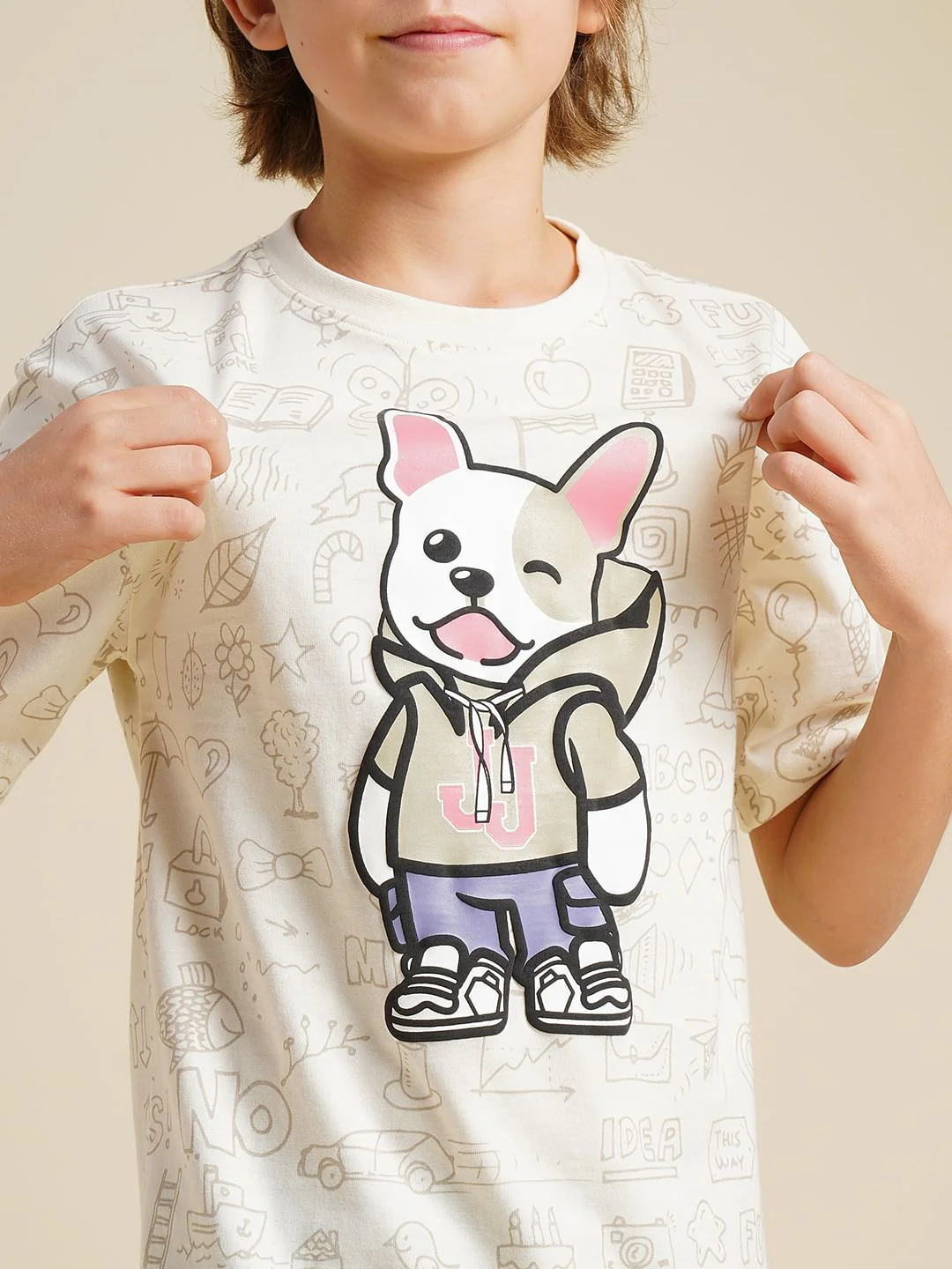 Boys Beige Printed Cotton T-shirt - Image 6