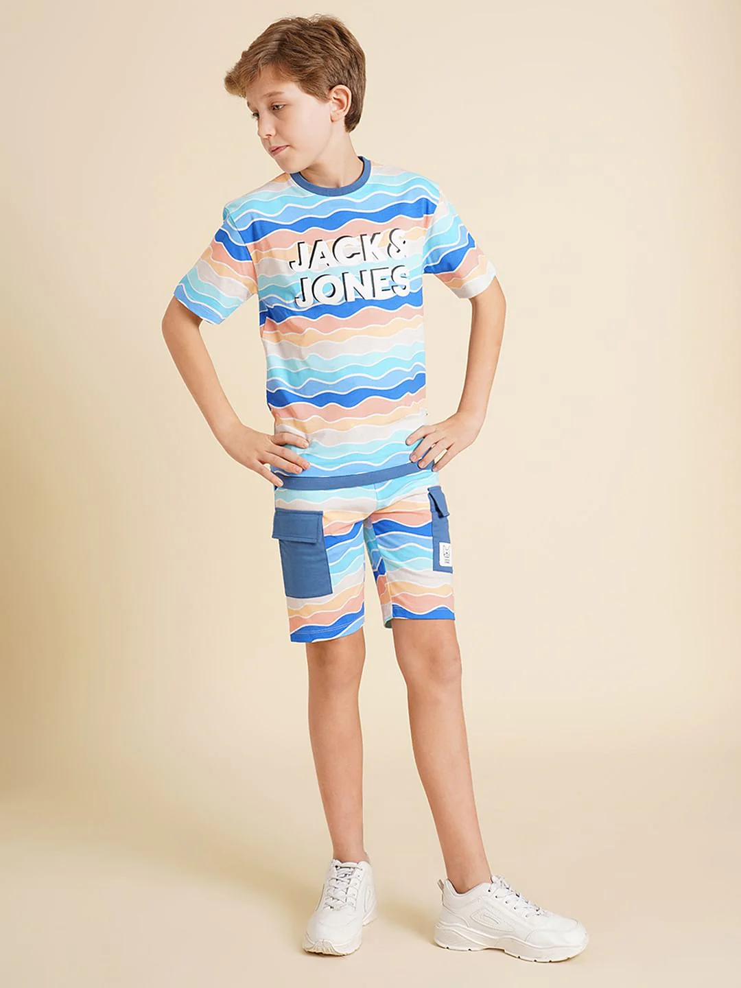 Boys Blue Printed Knitted Co-ord Set Shorts - Image 5