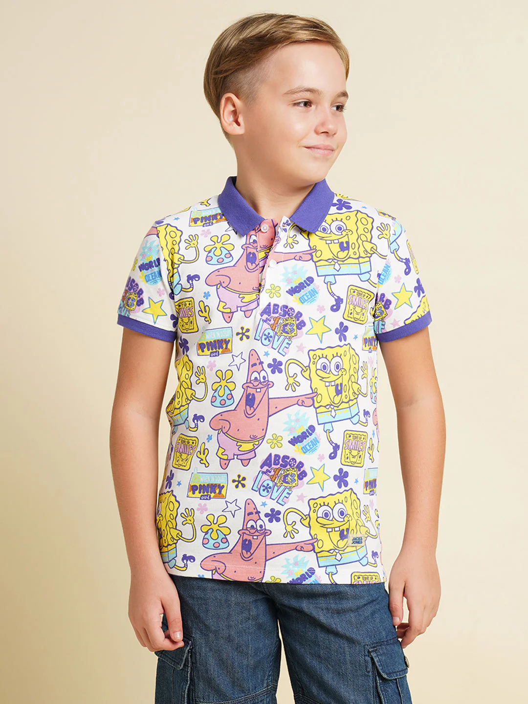 Boys Cotton Polo T-Shirt With All-Over Character Print - White - Image 2