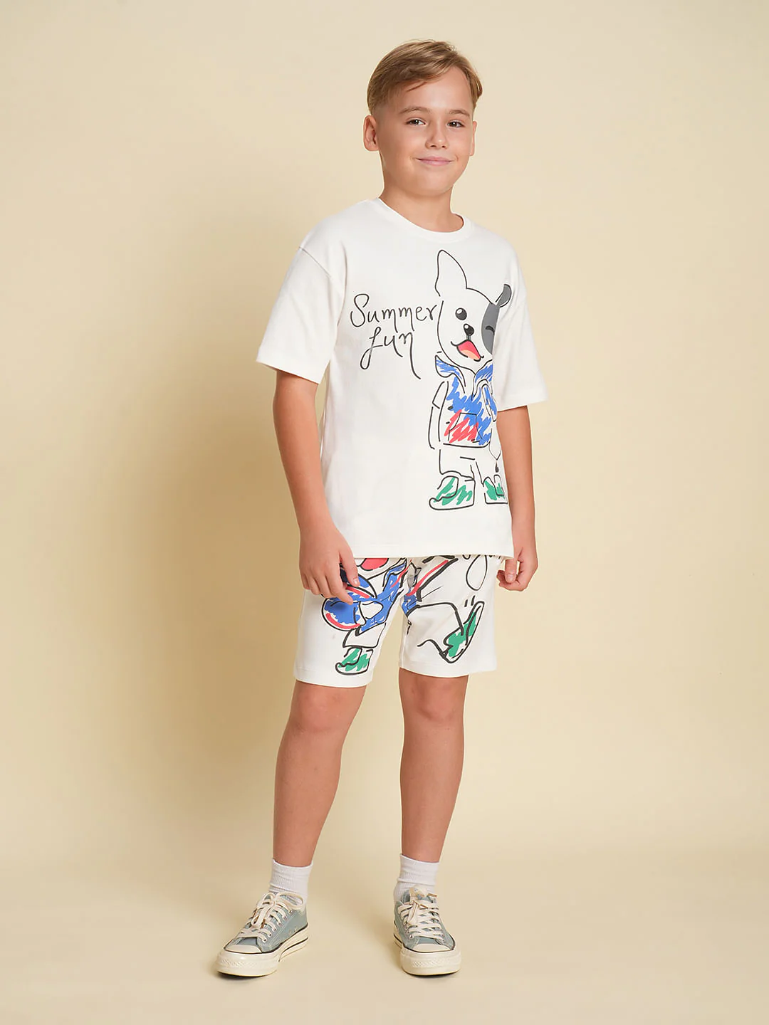 Boys White Printed Co-ord Set Shorts - Image 5