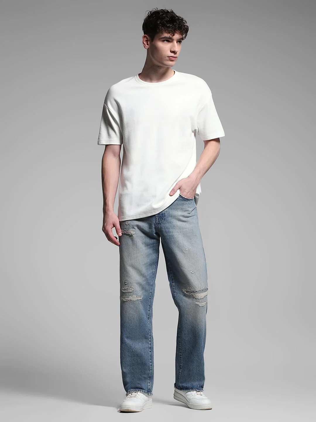 Light Blue High Rise Distressed Loose Fit Jeans - Image 6