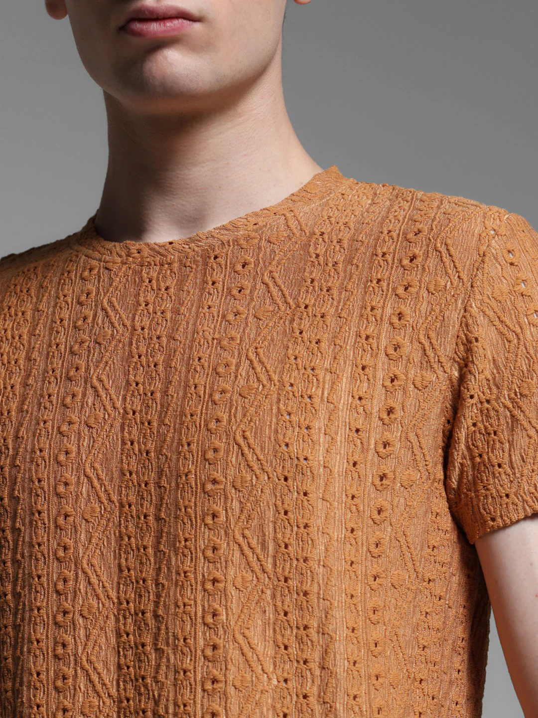 Men's Bronze Jacquard Textured Regular Fit Crew Neck T-Shirt - Image 5