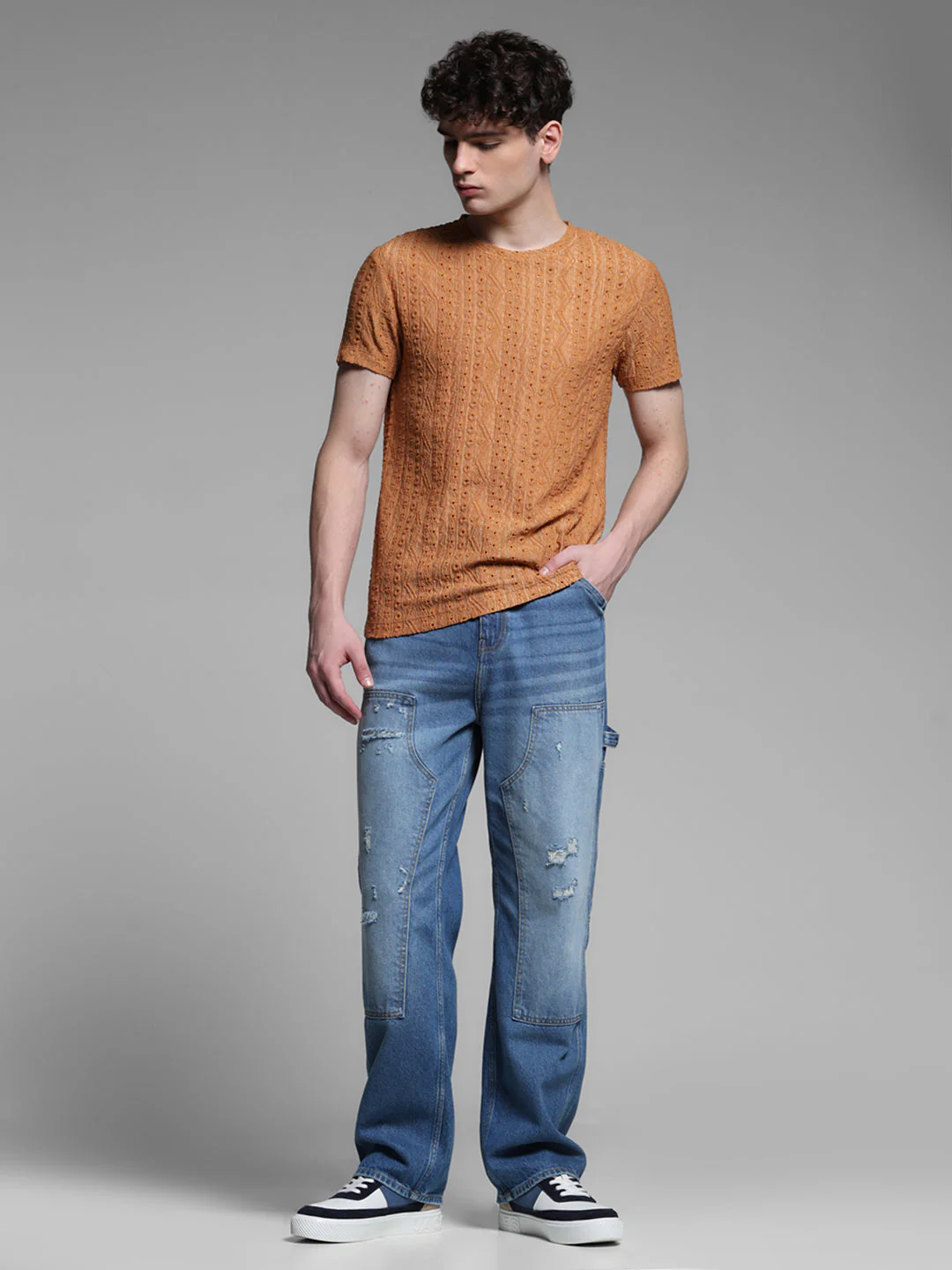 Men's Bronze Jacquard Textured Regular Fit Crew Neck T-Shirt - Image 6