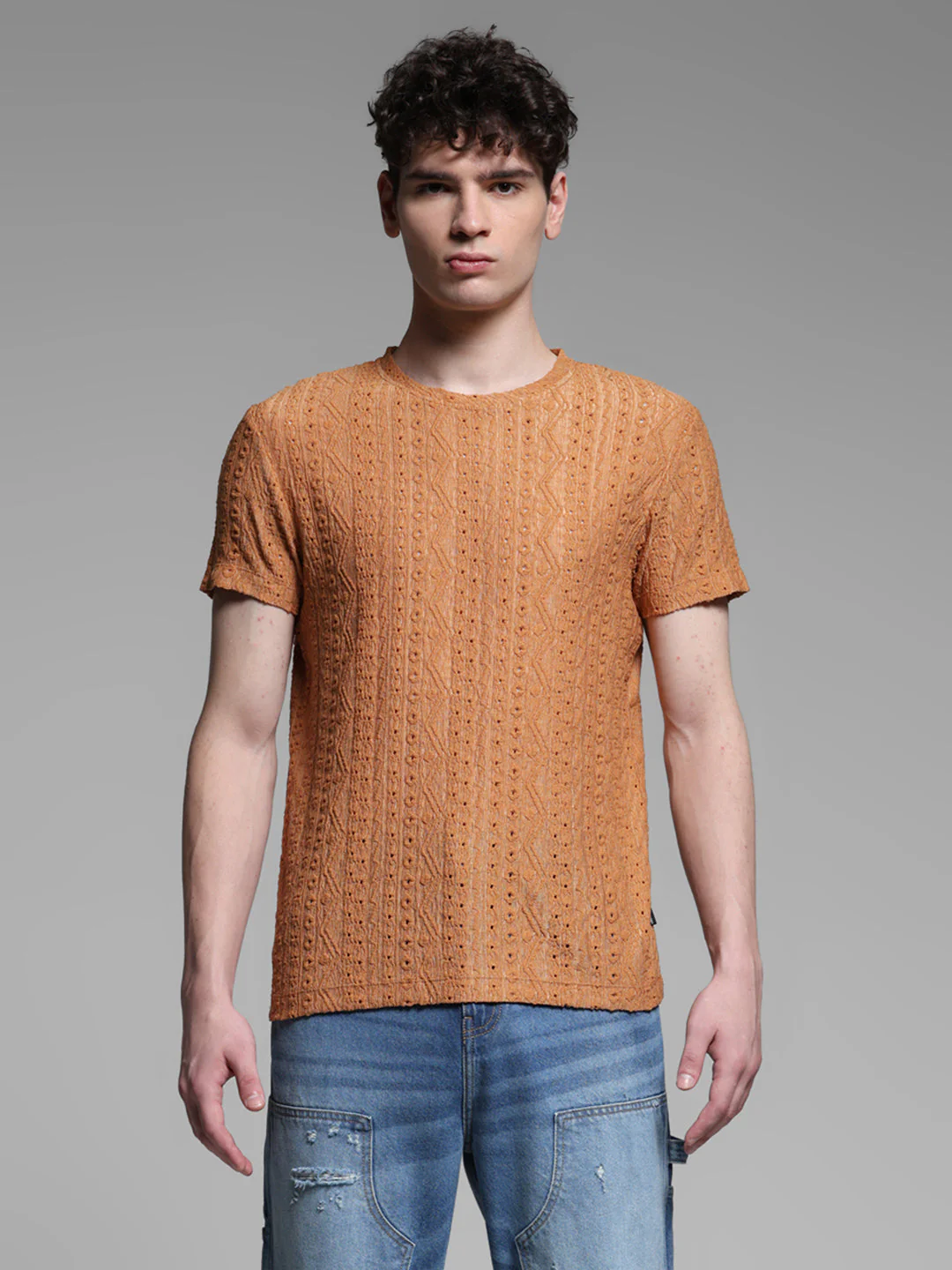 Men's Bronze Jacquard Textured Regular Fit Crew Neck T-Shirt - Image 8