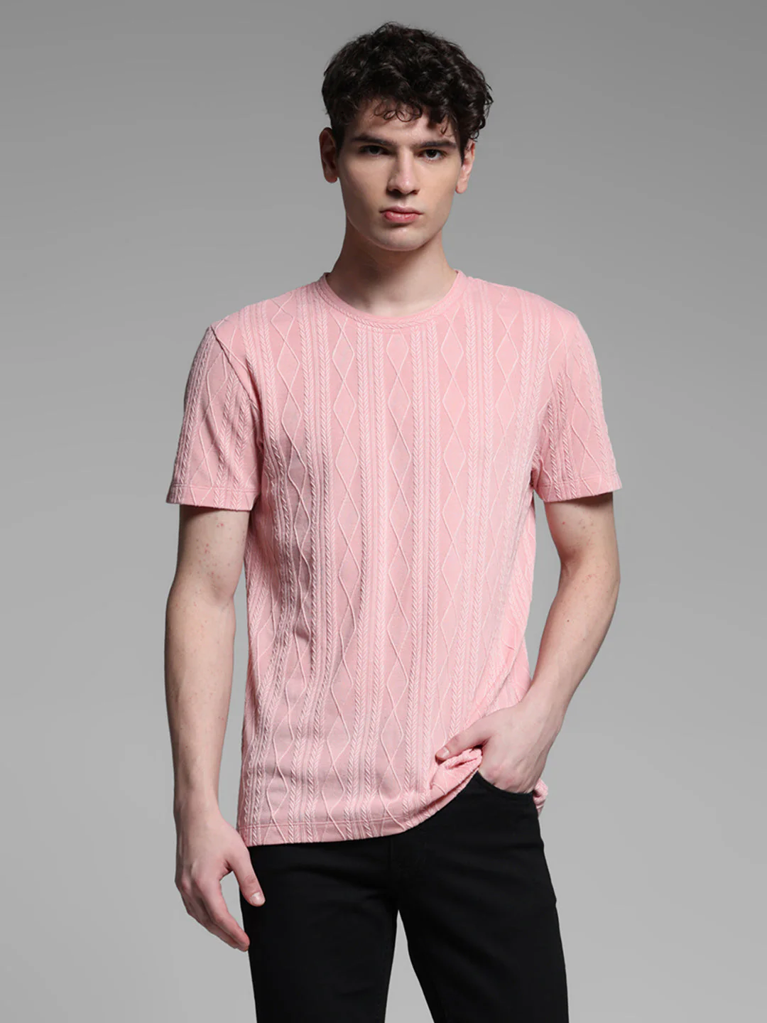 Men's Pink Jacquard Textured Slim Fit Crew Neck T-Shirt - Image 2