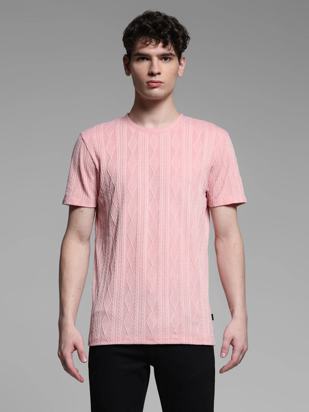 Men's Pink Jacquard Textured Slim Fit Crew Neck T-Shirt - Image 8