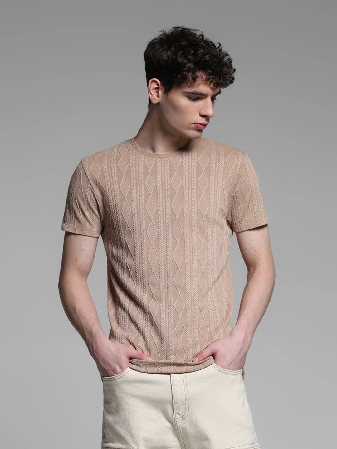 Brown Jacquard Crew Neck T-shirt