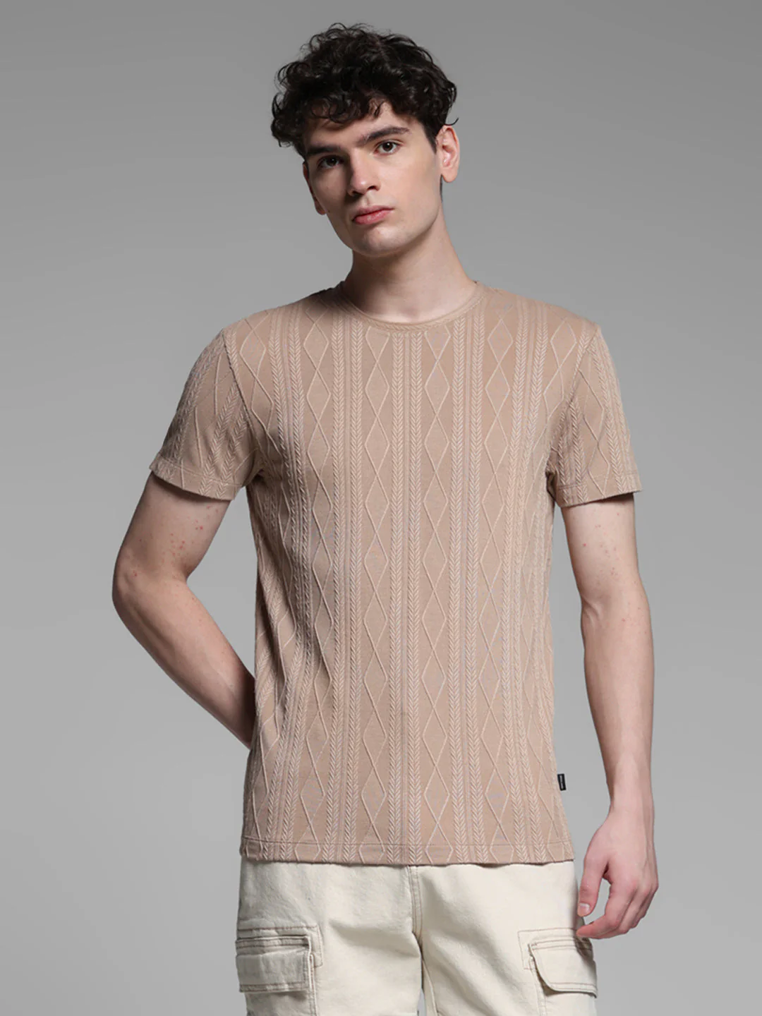 Brown Jacquard Crew Neck T-shirt - Image 2