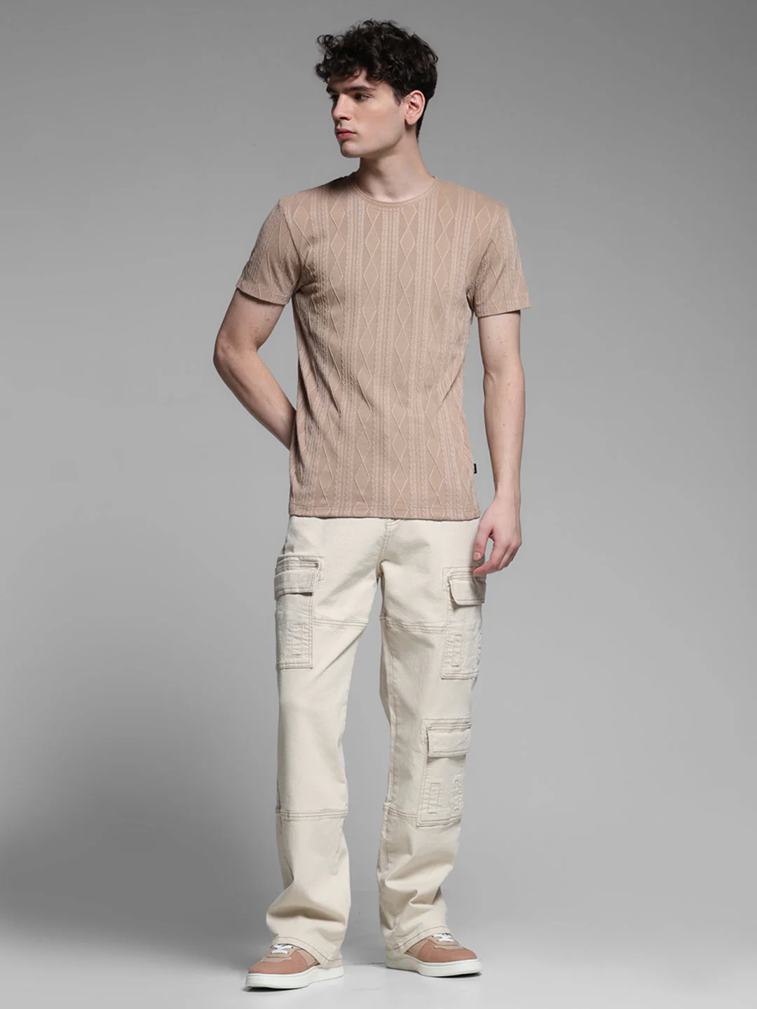 Brown Jacquard Crew Neck T-shirt - Image 6