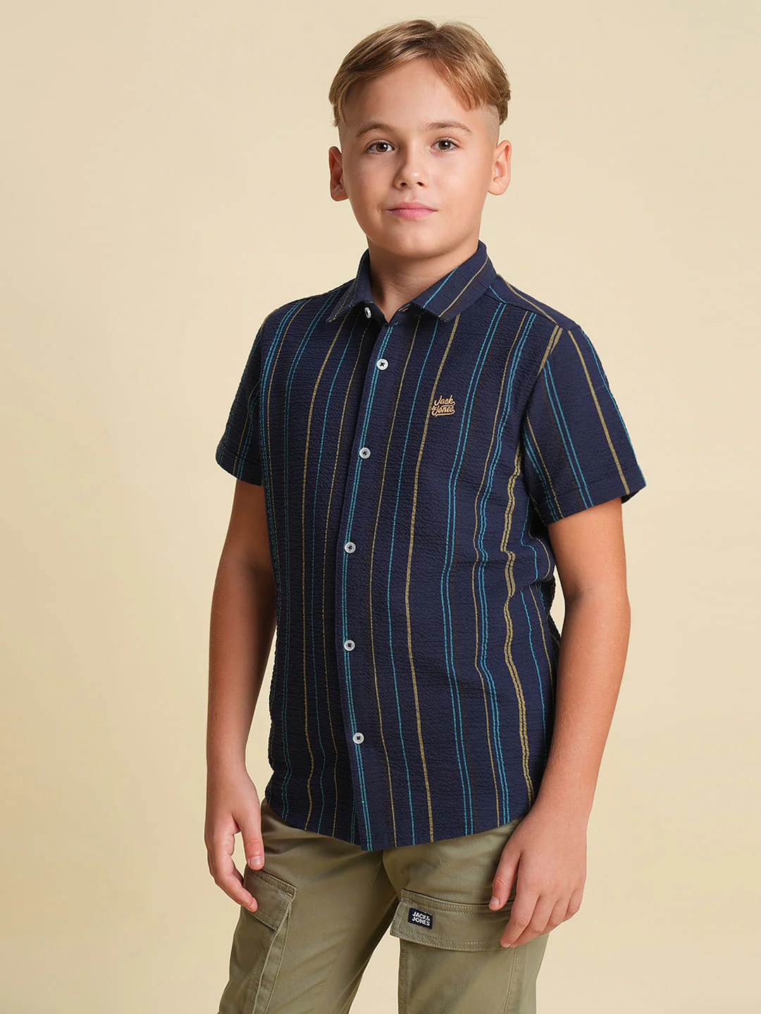 Boys Navy Blue Striped Cotton Shirt - Image 3