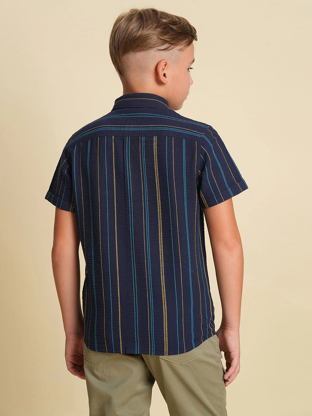 Boys Navy Blue Striped Cotton Shirt - Image 4