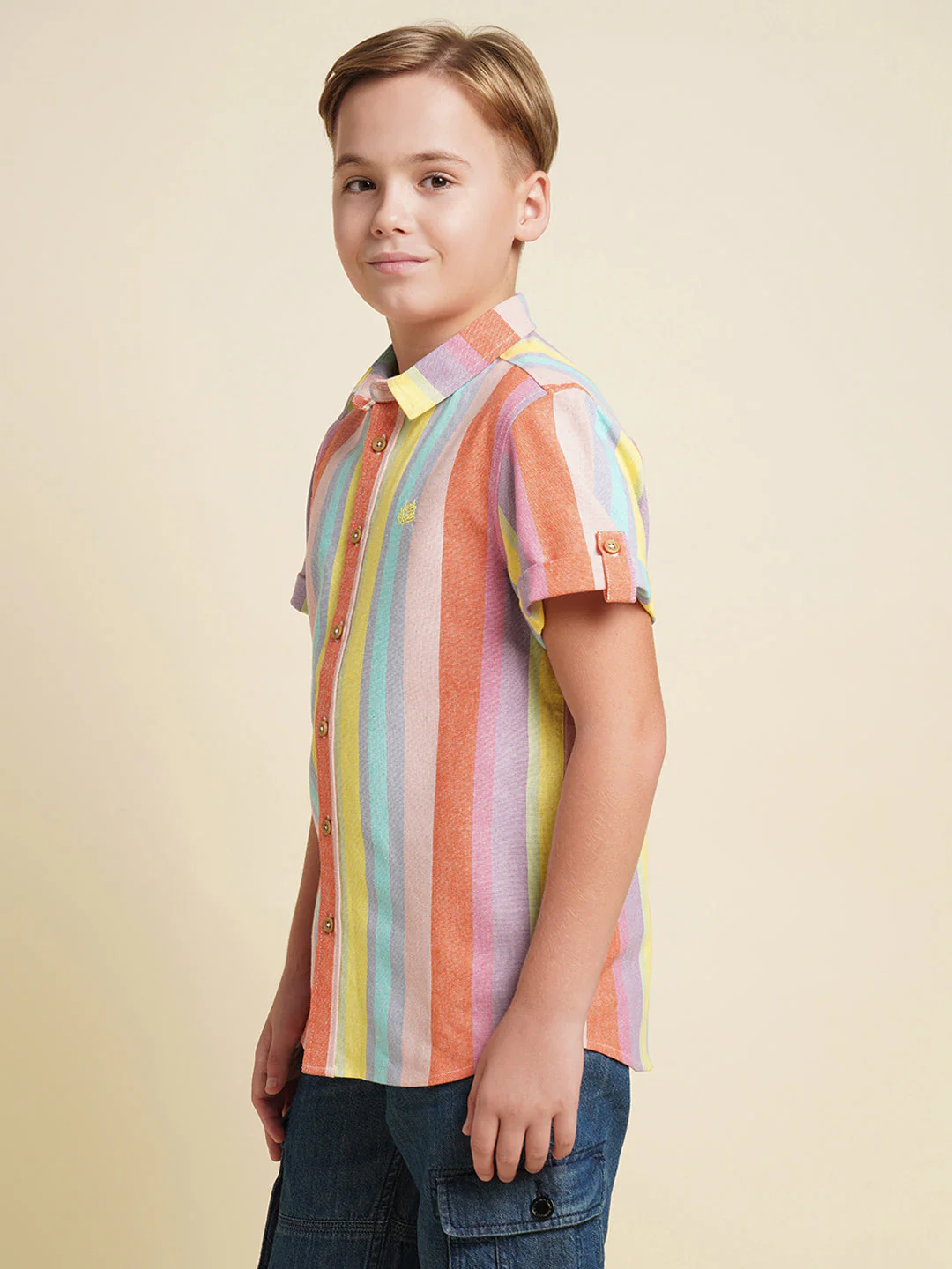 Boys Cotton-Linen Striped Shirt With Roll-Up Sleeves - Image 3
