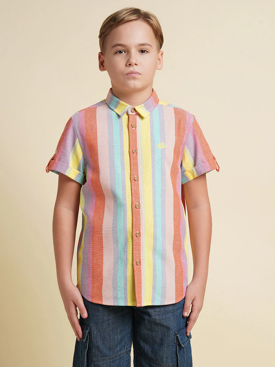 Boys Cotton-Linen Striped Shirt With Roll-Up Sleeves - Image 8
