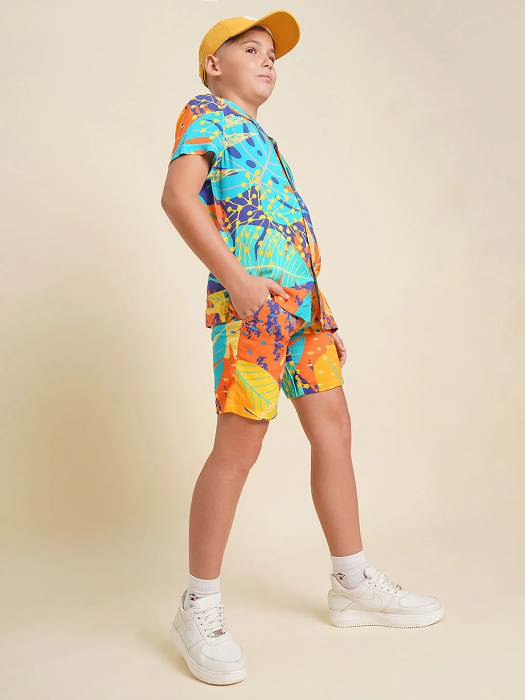 Boys Orange Printed Viscose Co-ord Set Shorts