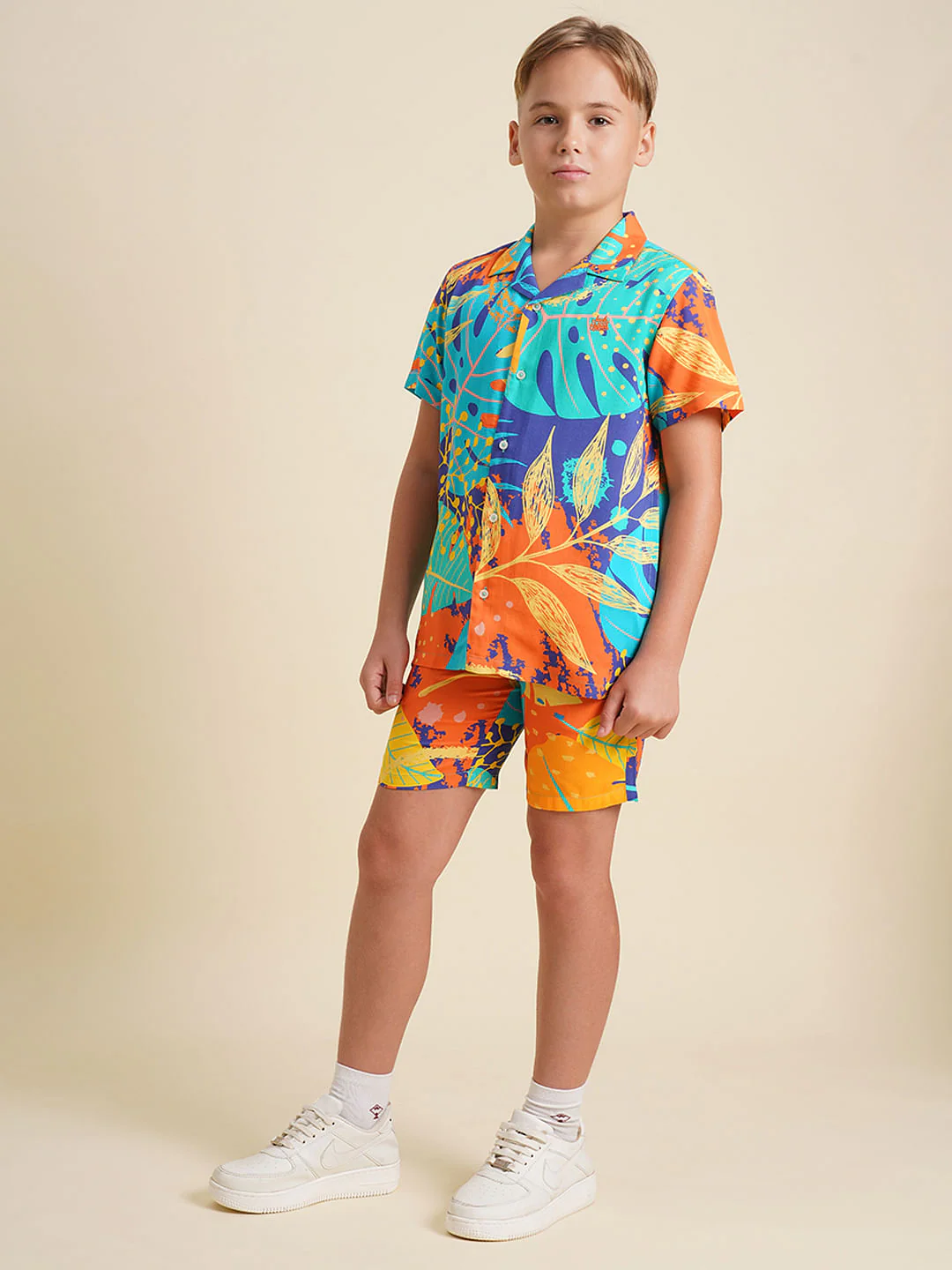 Boys Orange Printed Viscose Co-ord Set Shorts - Image 5
