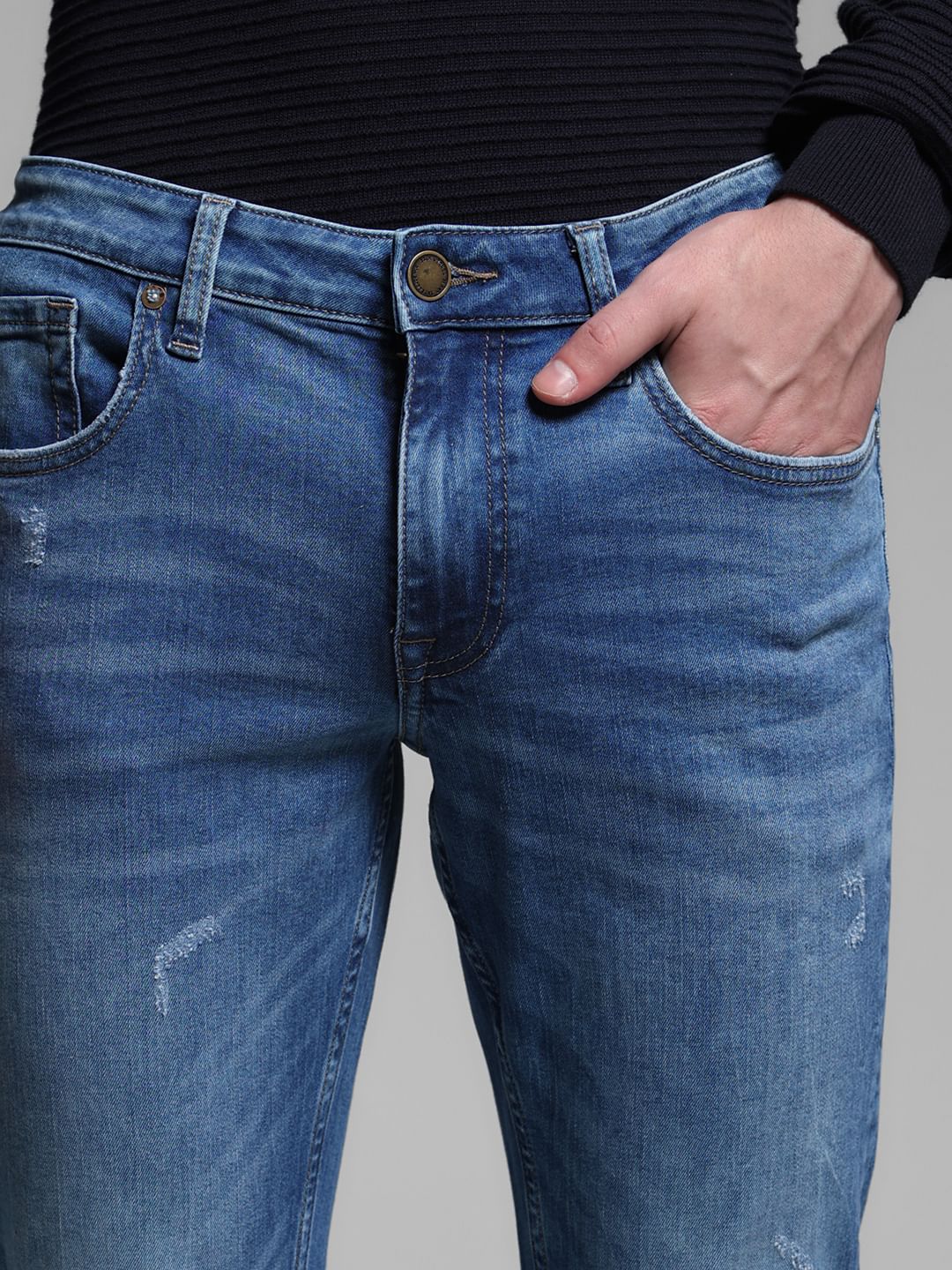 Washed Brak Slim Fit Jeans - Blue - Image 4