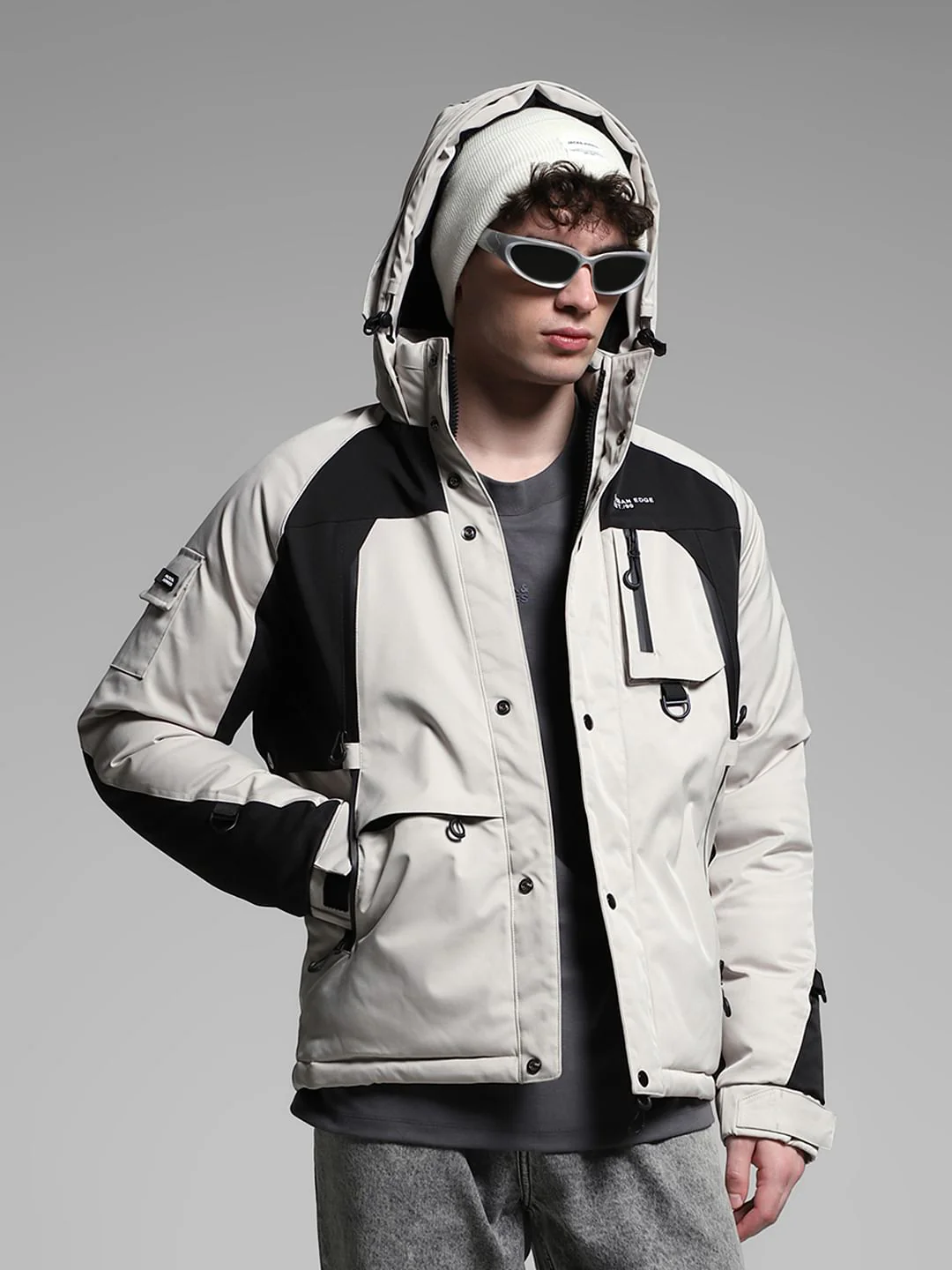 Grey Colourblocked Hooded Jacket