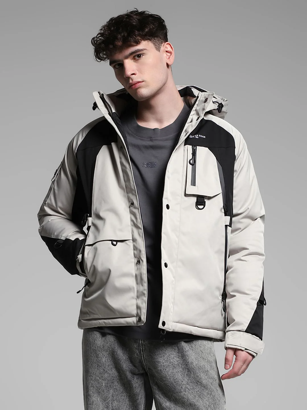 Grey Colourblocked Hooded Jacket - Image 2