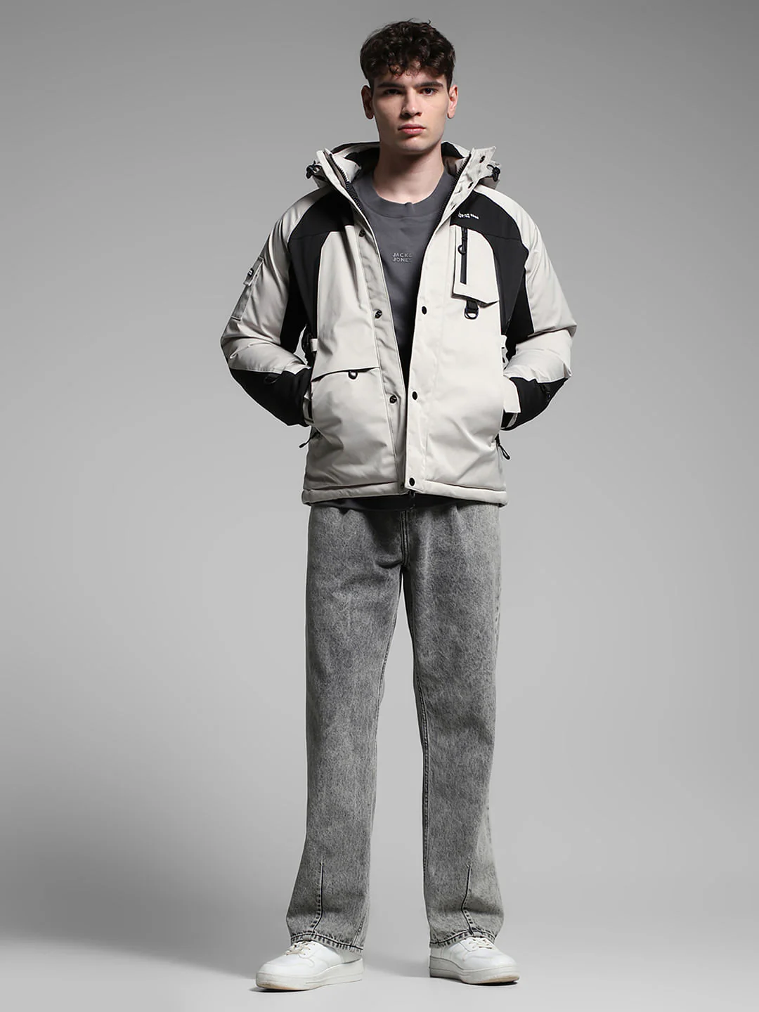 Grey Colourblocked Hooded Jacket - Image 6