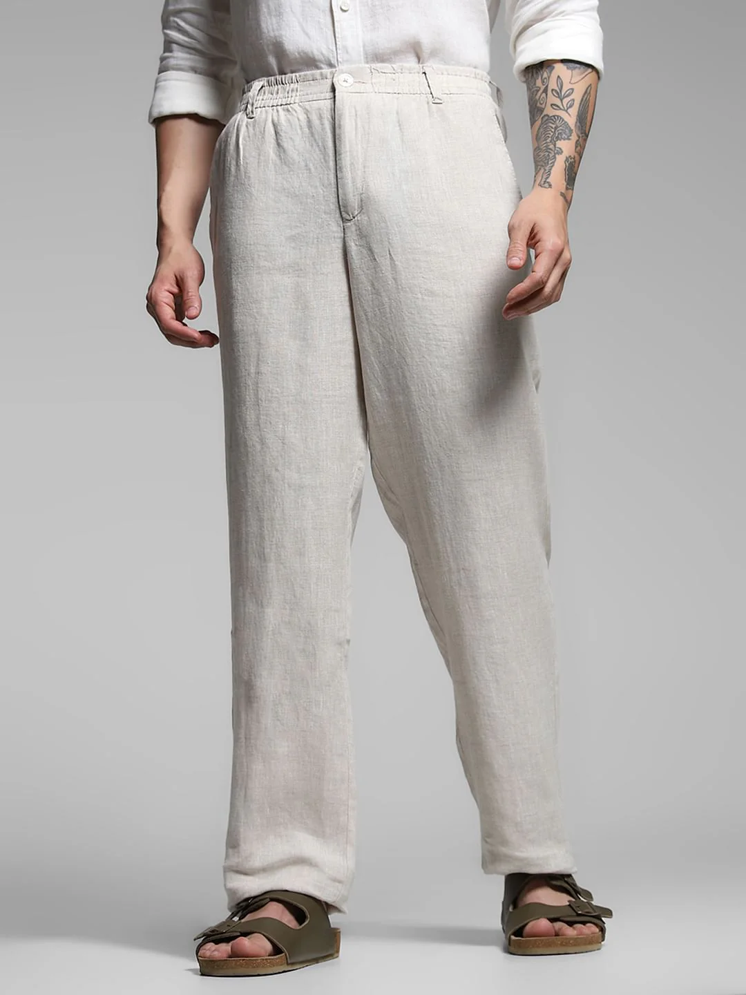 Light Grey Mid Rise Linen Chinos