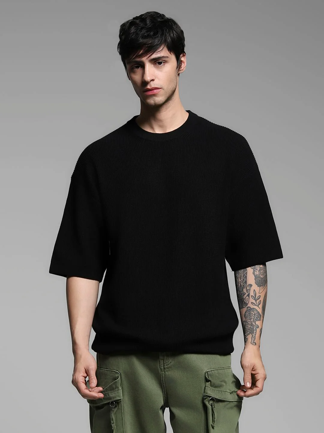 Black Cotton Crew Neck T-shirt - Image 2