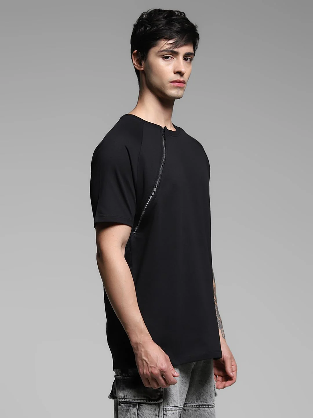 Black Zip Detailing Cotton T-shirt - Image 3