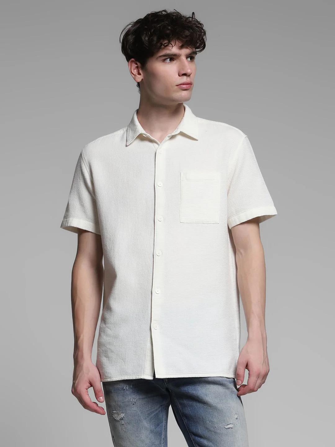 White Waffle Textured Cotton Shirt - Image 2