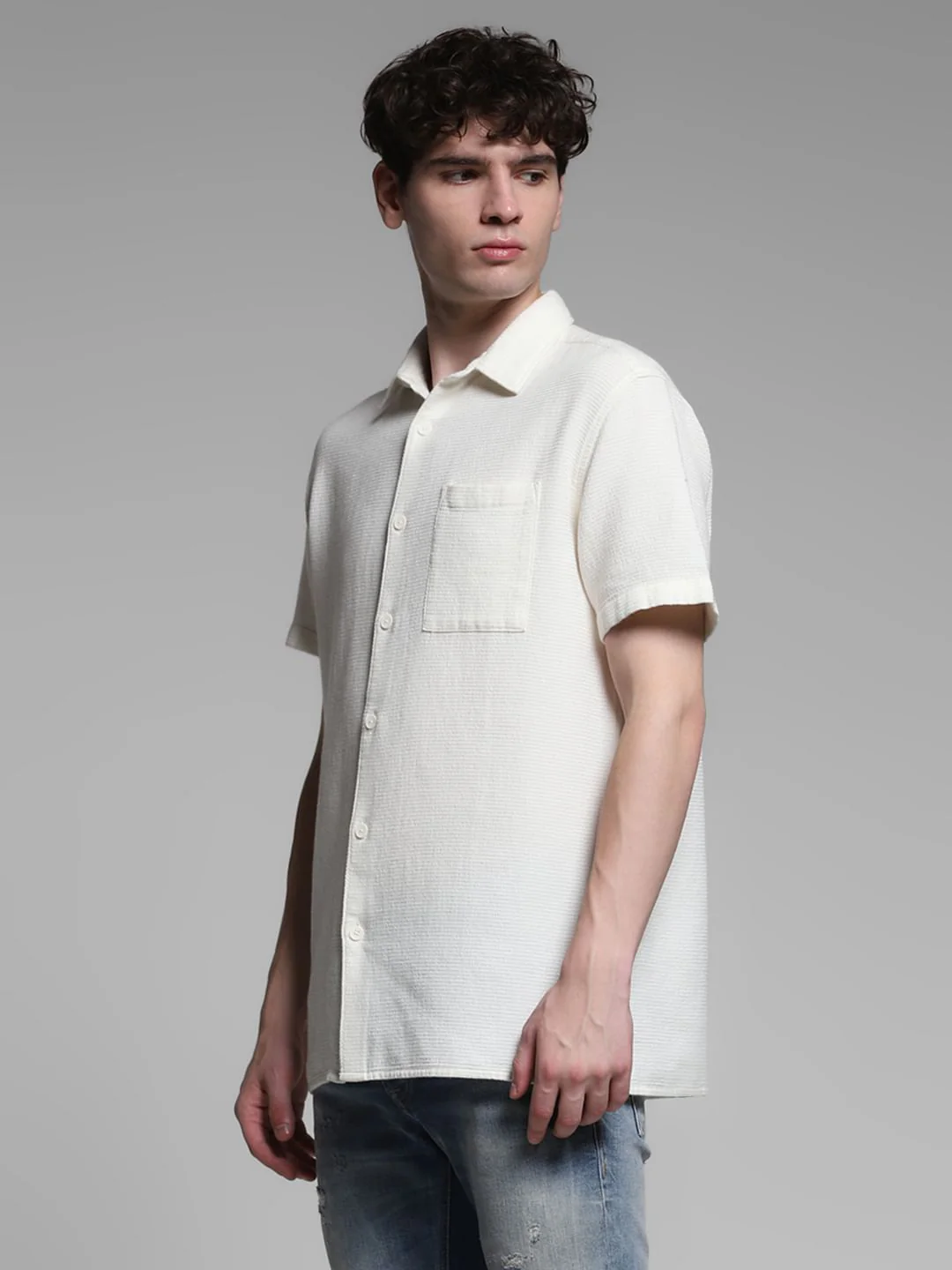 White Waffle Textured Cotton Shirt - Image 3