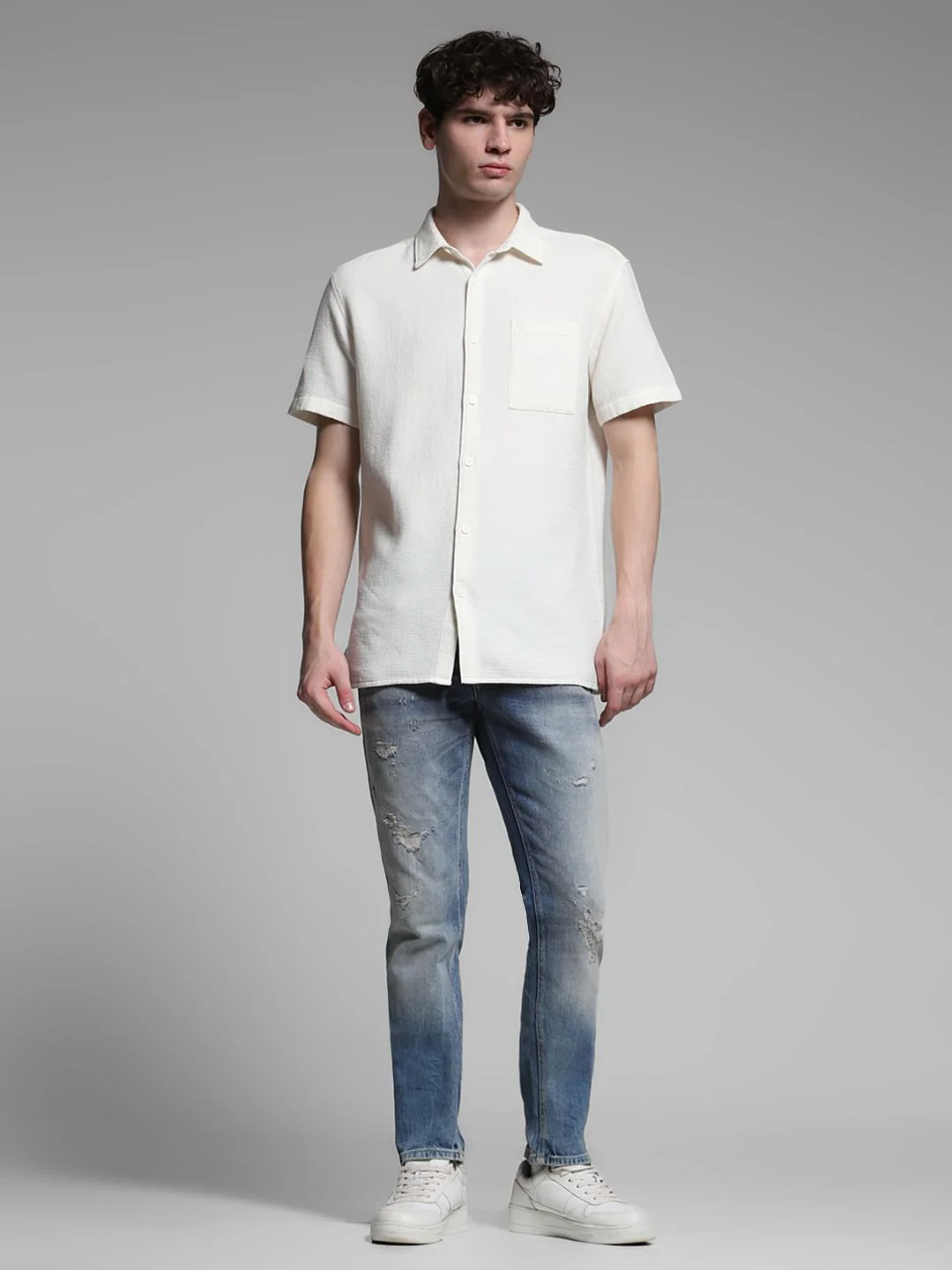 White Waffle Textured Cotton Shirt - Image 6
