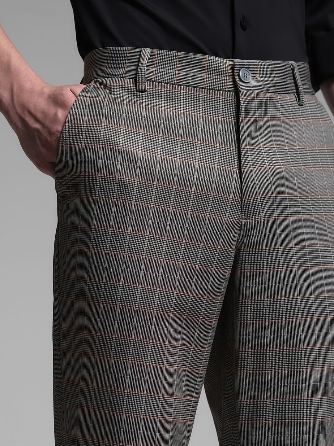 Brown Check Print Slim Fit Pants - Image 4