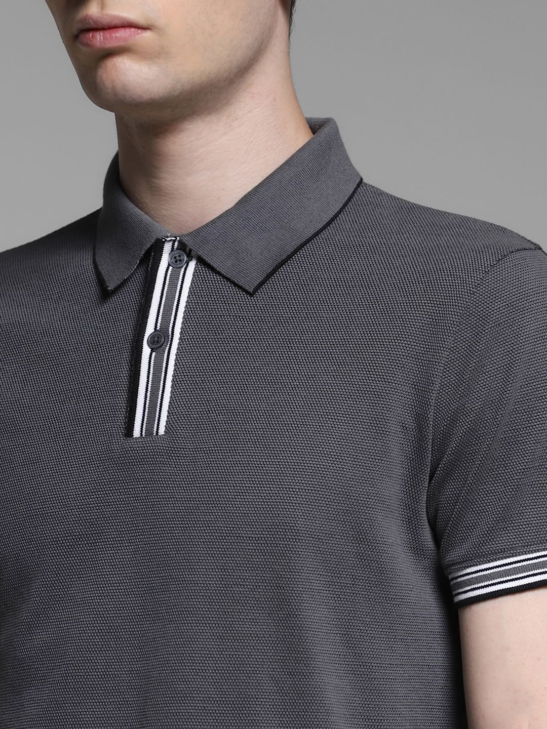 Dark Grey Knitted Cotton Polo - Image 5