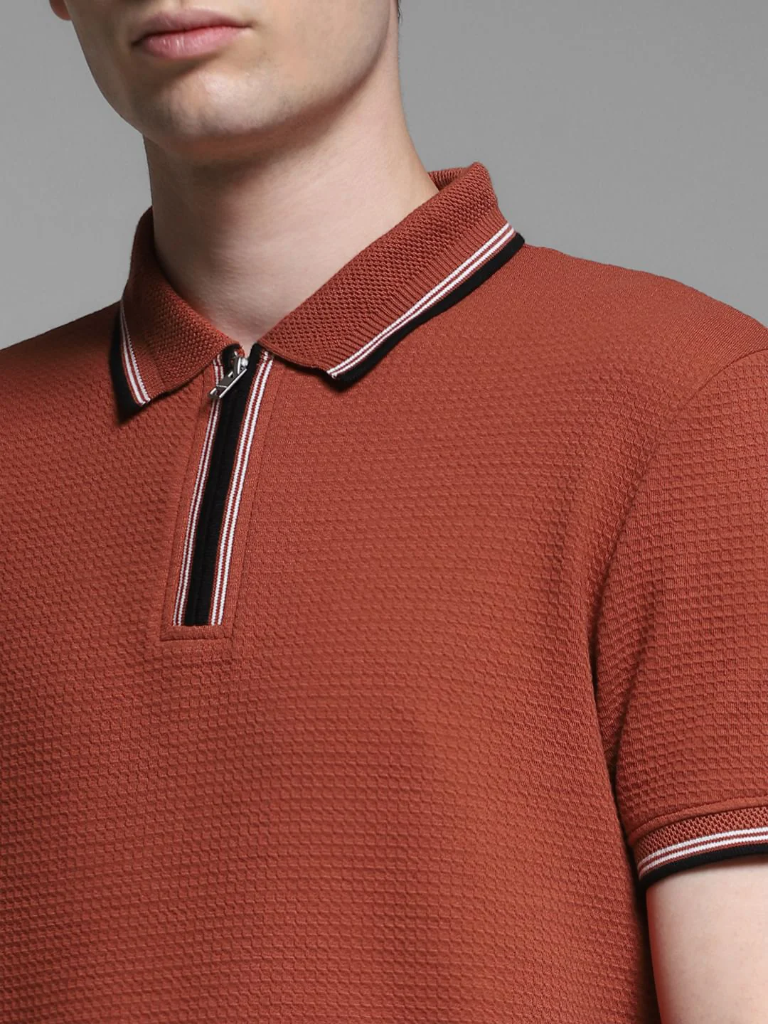 Dark Red Knitted Zip Up Polo - Image 5