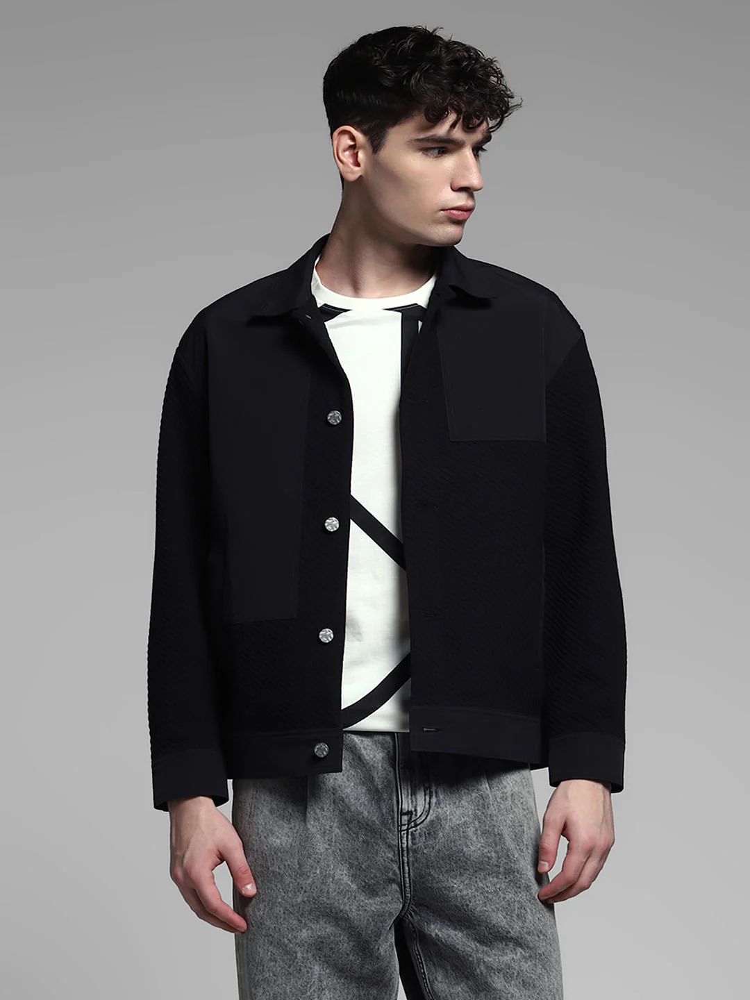 Black Patch Print Casual Jacket - Image 2
