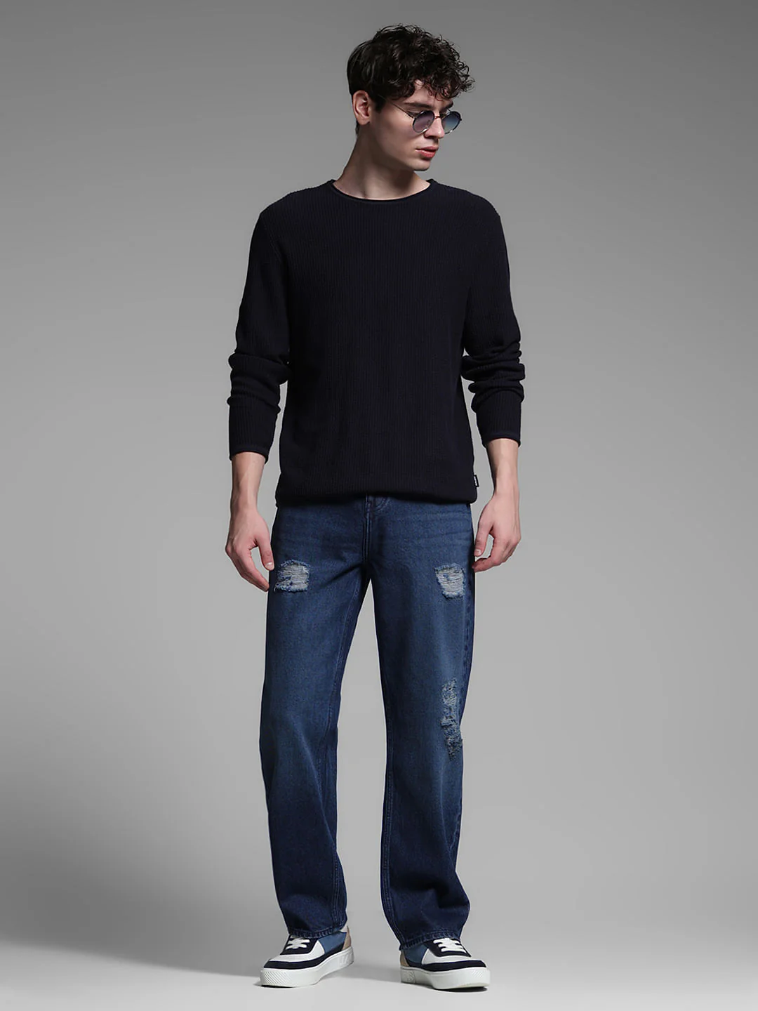 Dark Blue Distressed Dario Loose Fit Jeans - Image 6