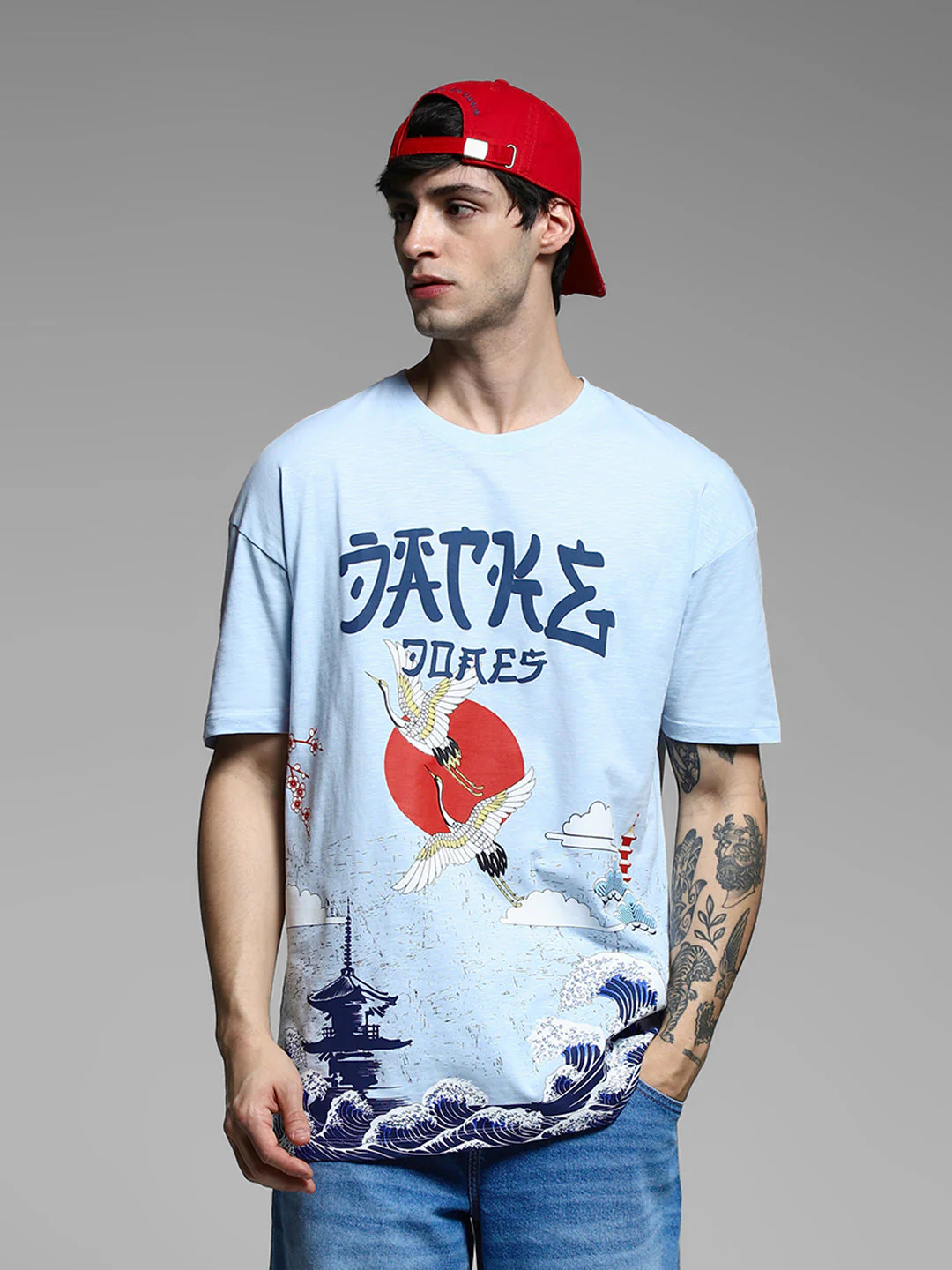 Blue Printed Cotton Oversized T-shirt