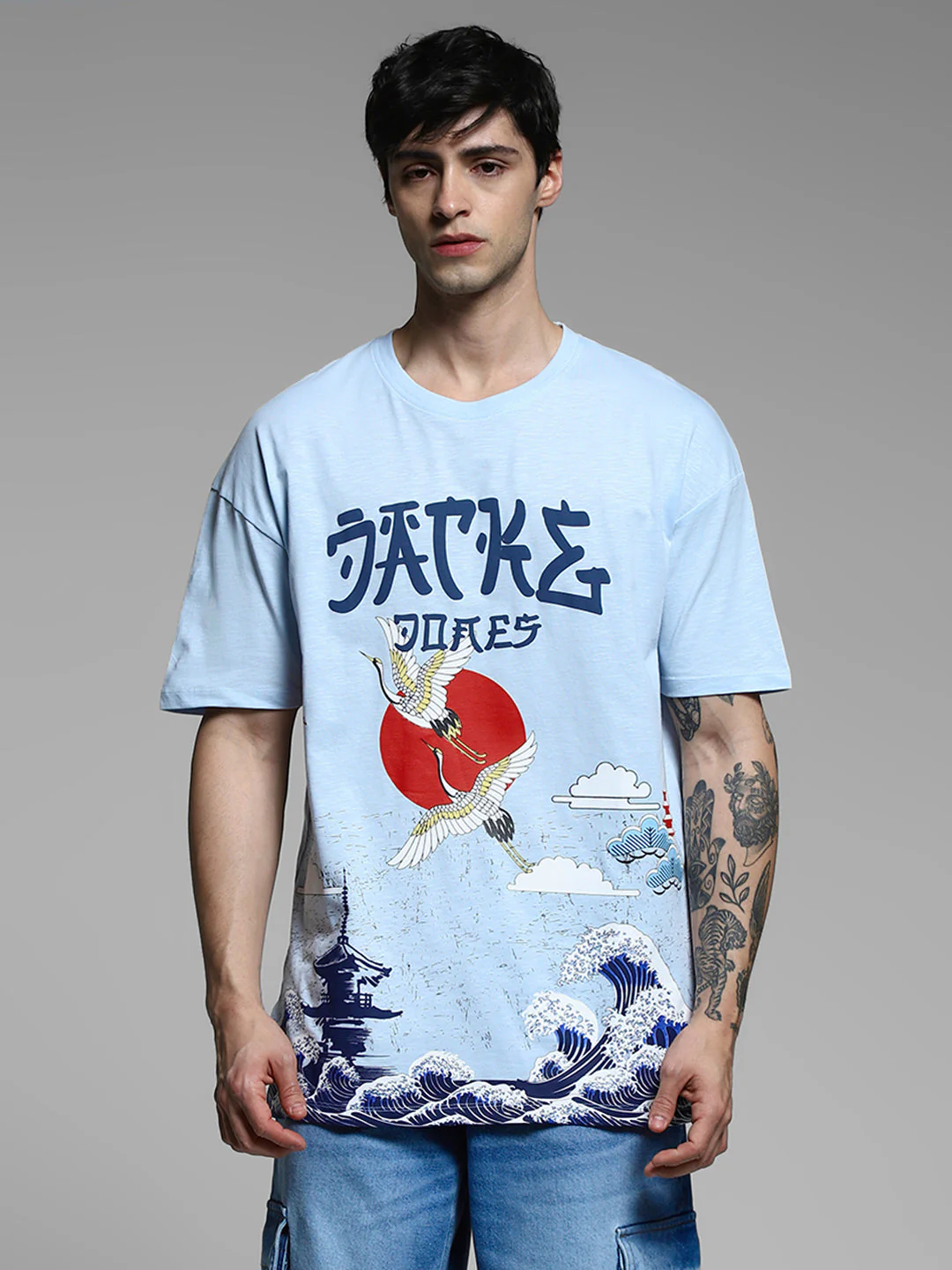 Blue Printed Cotton Oversized T-shirt - Image 8