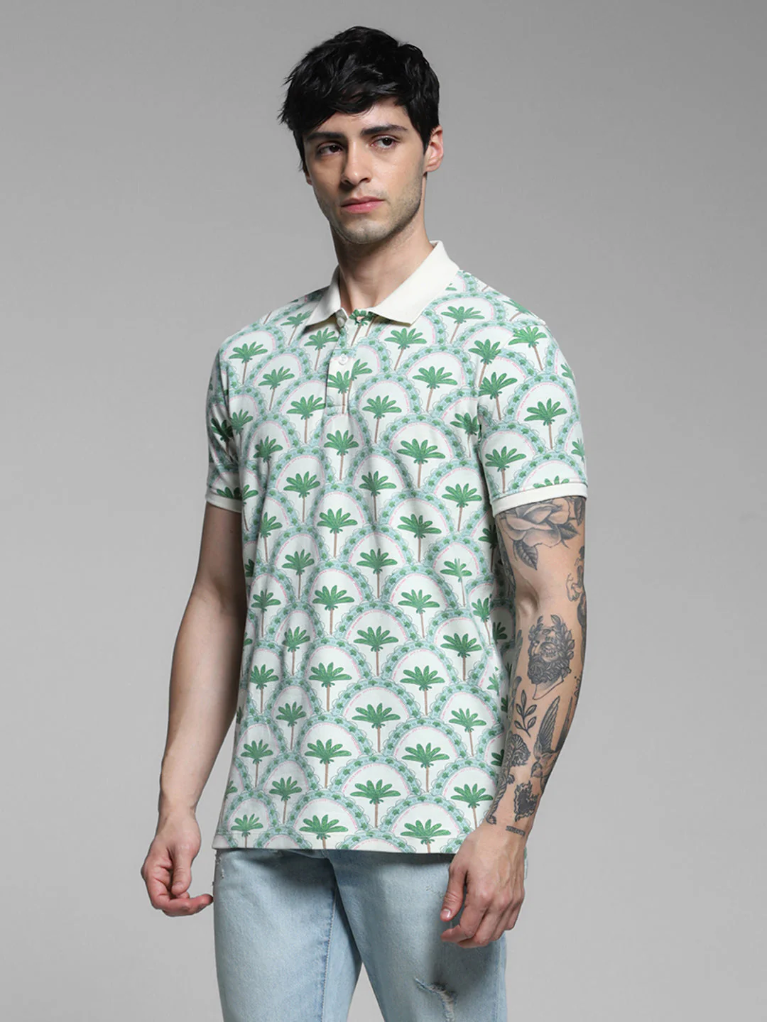 Men Off White Cotton Tropical Print Regular Fit Polo T-Shirt - Image 3