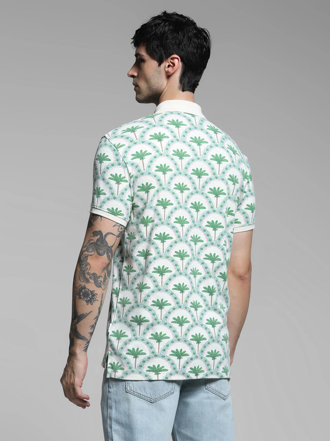 Men Off White Cotton Tropical Print Regular Fit Polo T-Shirt - Image 4