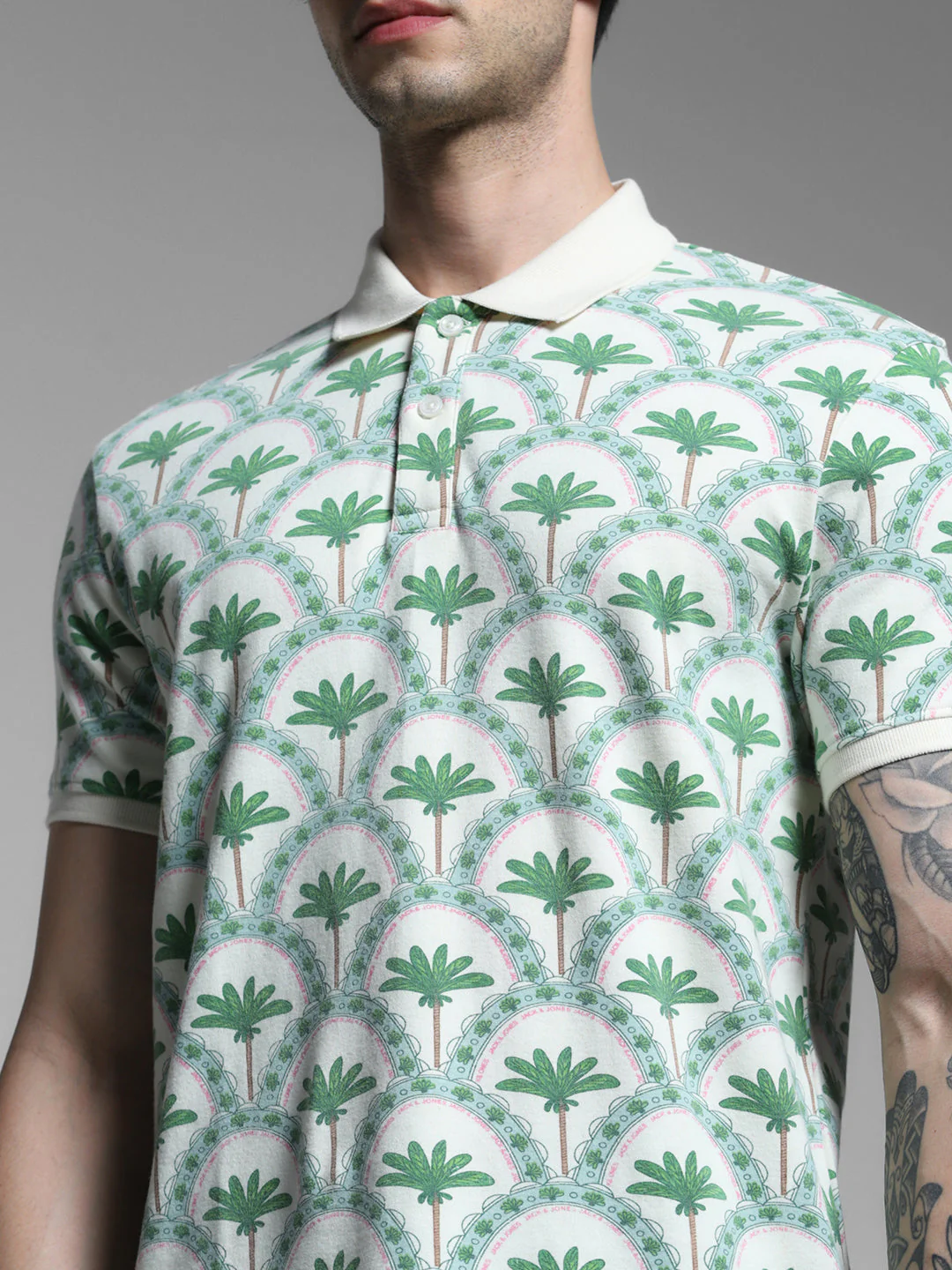 Men Off White Cotton Tropical Print Regular Fit Polo T-Shirt - Image 5