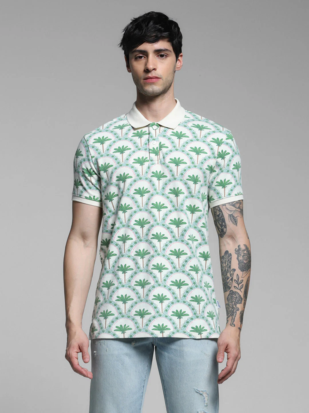 Men Off White Cotton Tropical Print Regular Fit Polo T-Shirt - Image 8