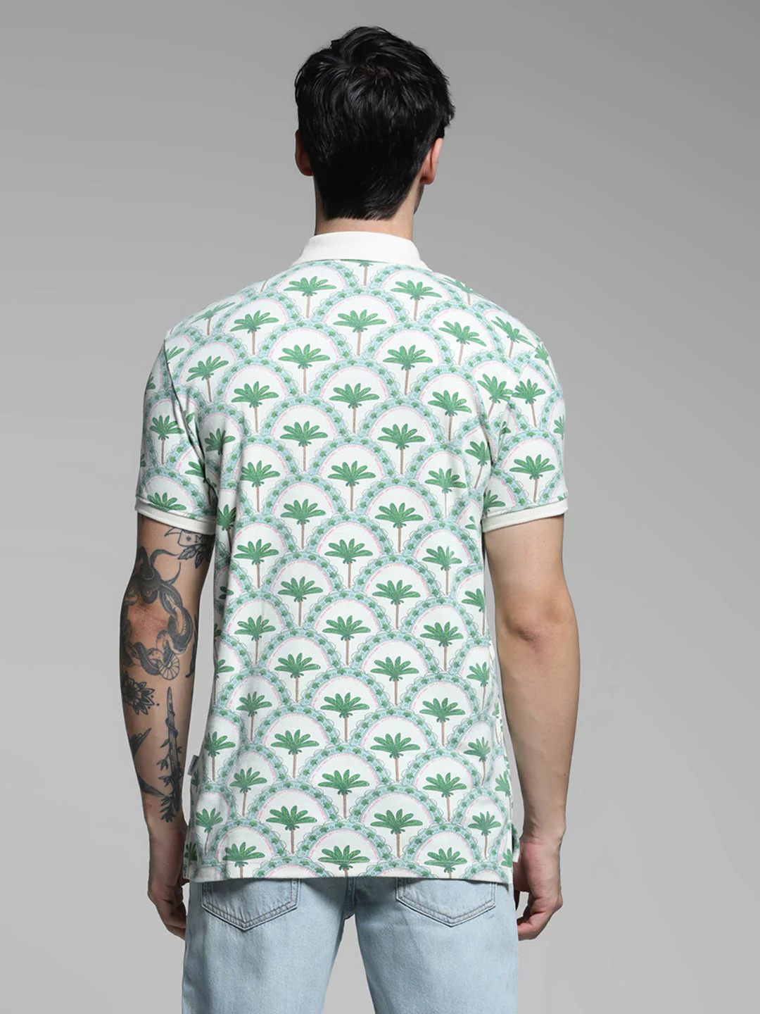 Men Off White Cotton Tropical Print Regular Fit Polo T-Shirt - Image 9