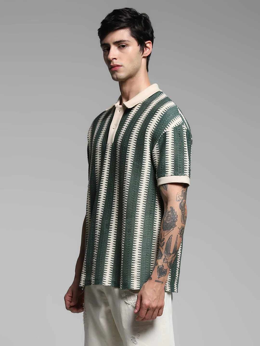 Green Striped Knitted Polo - Image 3