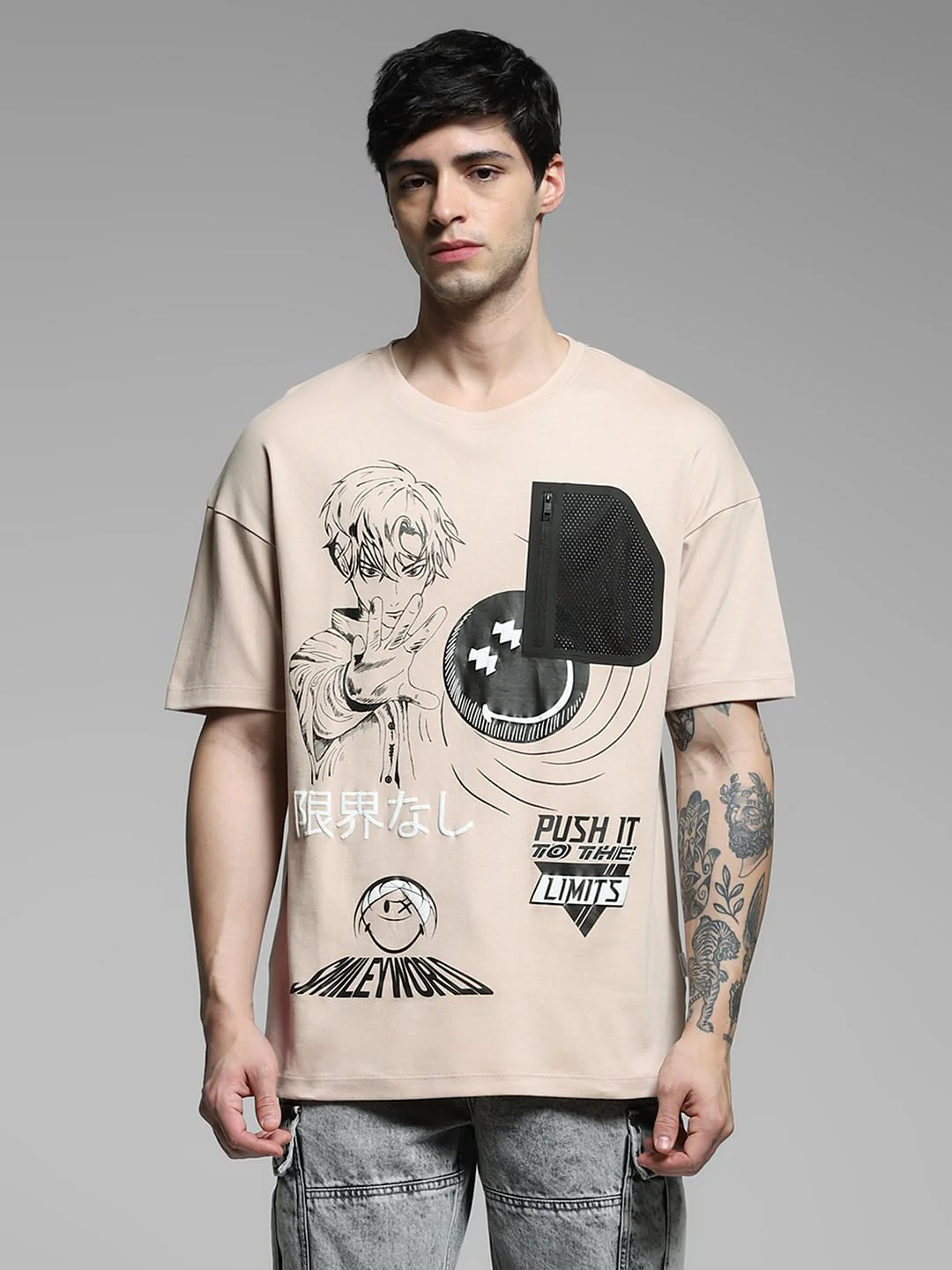 SmileyWorld   Beige Printed Boxy Fit T-shirt - Image 2