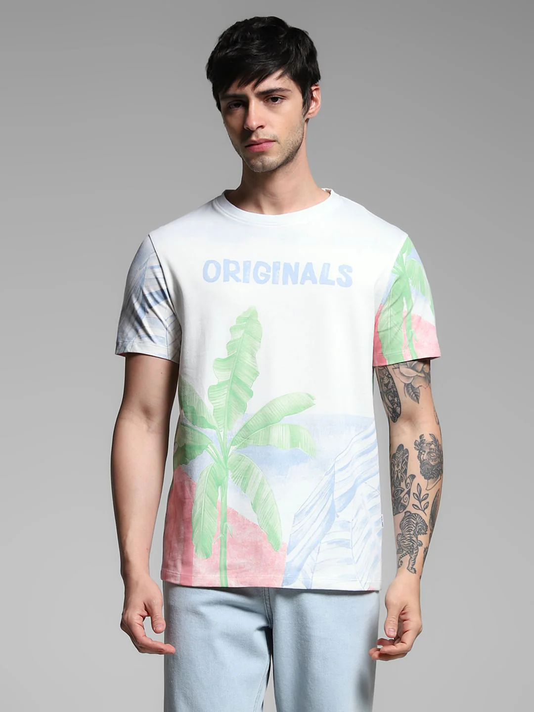 White Tropical Print Cotton T-shirt - Image 2