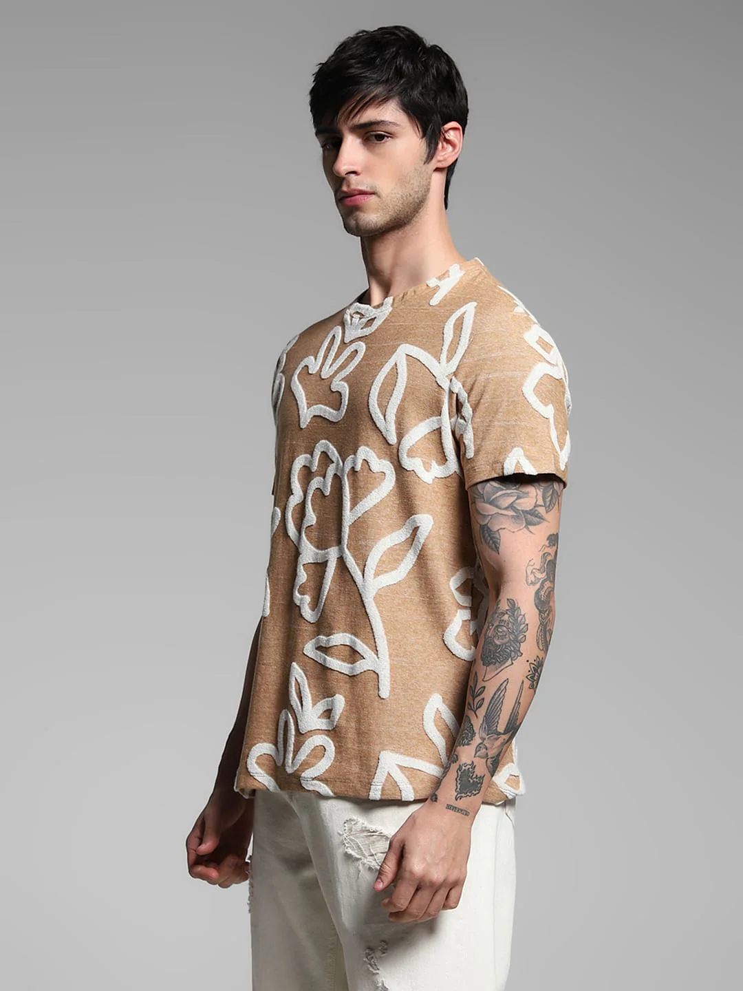 Brown Jacquard Printed Cotton T-shirt - Image 3