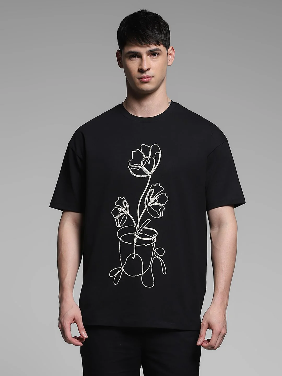Black Printed Boxy Fit Cotton T-shirt - Image 2