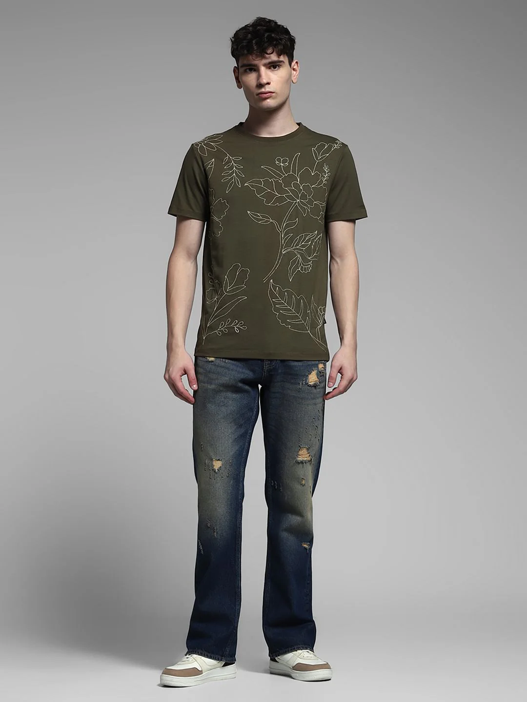 Olive Embroidered Print Cotton T-shirt - Image 6